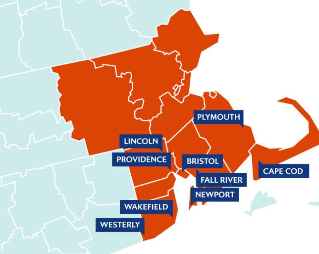 Map of GEM Plumbing & Heating service area in Rhode Island & Massachusetts