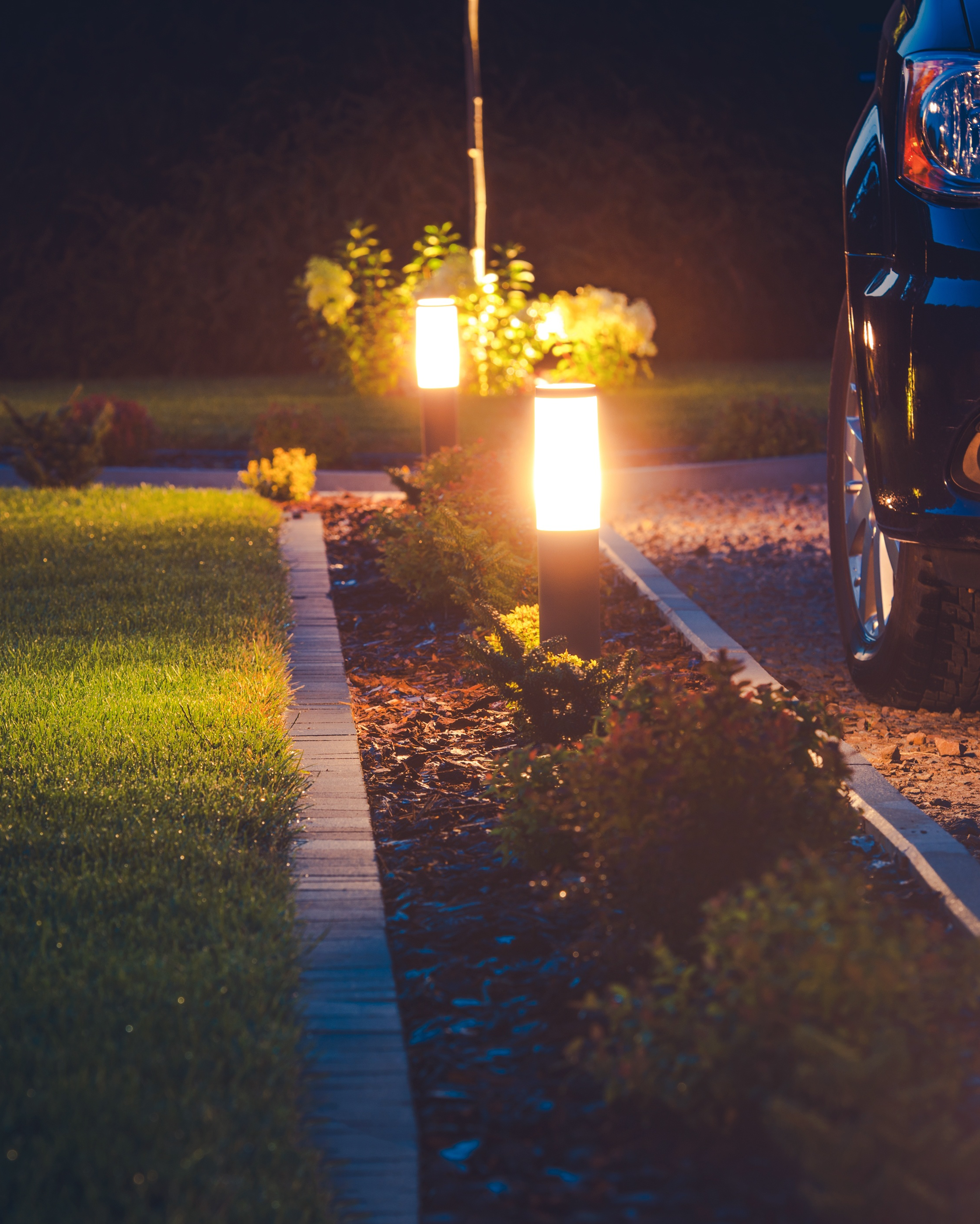 Outdoor pathway lighting at night