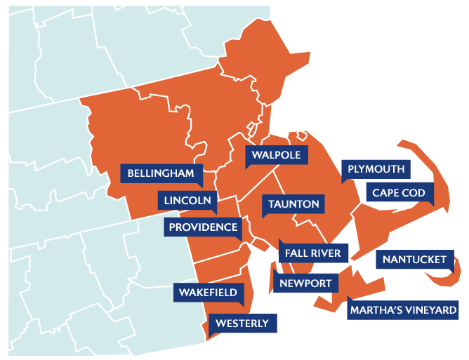 GEM Plumbing & Heating service area map of Rhode Island & Massachusetts