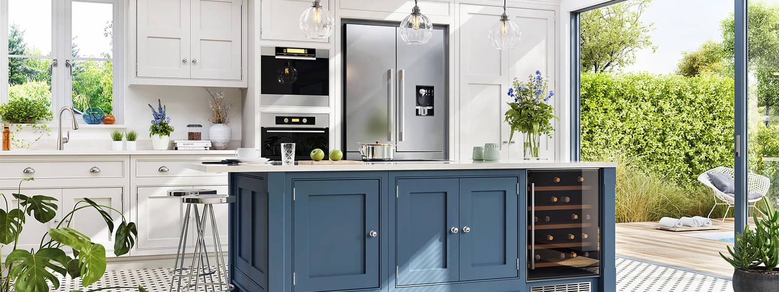 Trendy kitchen with navy cabinets open concept