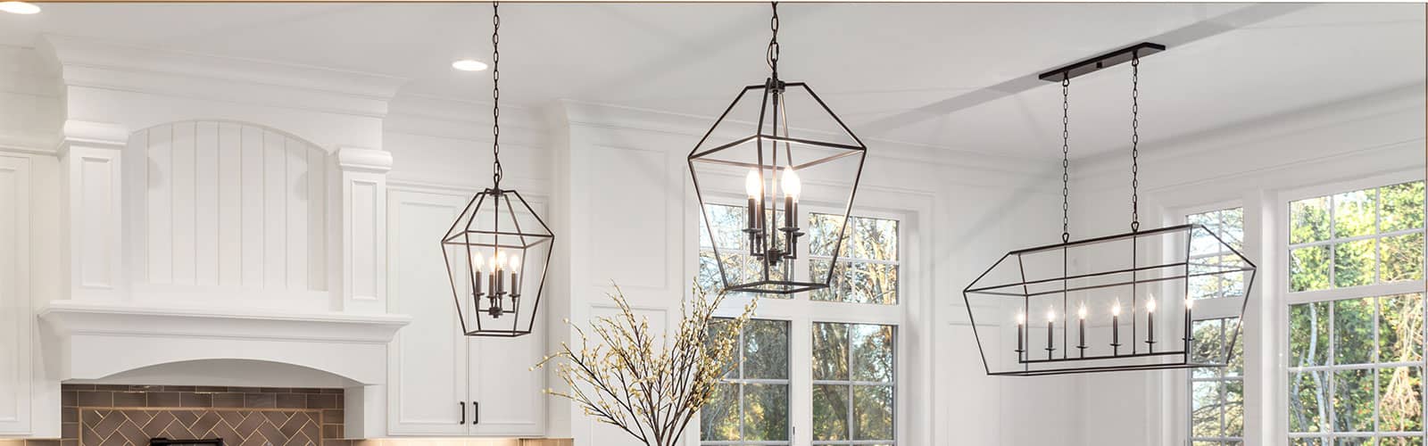 geometric black metal chandelier with candle-like light bulbs